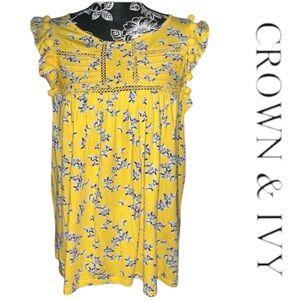 Crown & Ivy Pom Detail Ruffle Trim Sleeveless Lattice Top